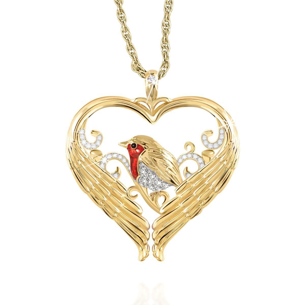 Charm We're Never Far Apart Heart Wings Pendant Gold Color Plated Red Enamel Birds Sparrow Pendant Necklace Women Jewelry Kolye