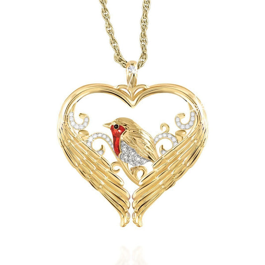 Charm We're Never Far Apart Heart Wings Pendant Gold Color Plated Red Enamel Birds Sparrow Pendant Necklace Women Jewelry Kolye