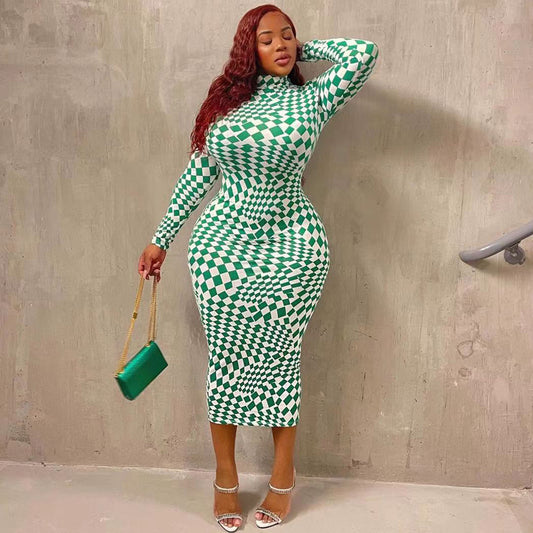 Check Print Tight Fitting Long Plus Size Dress