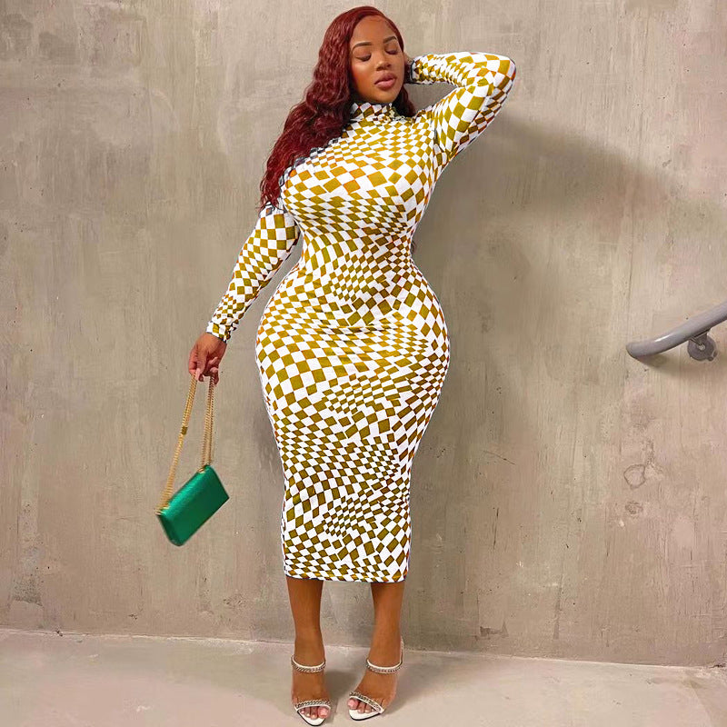 Check Print Tight Fitting Long Plus Size Dress