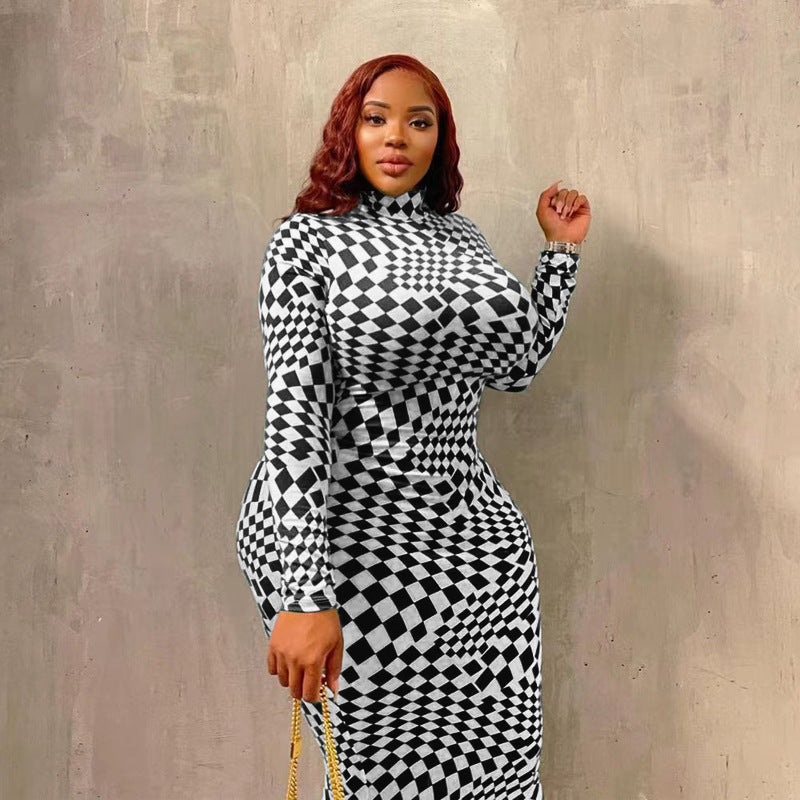 Check Print Tight Fitting Long Plus Size Dress