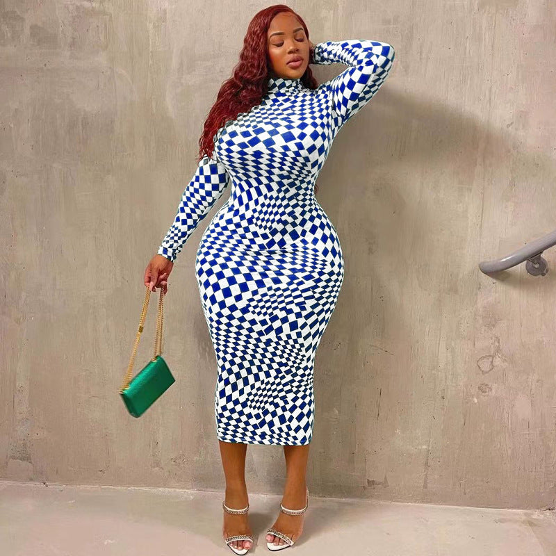 Check Print Tight Fitting Long Plus Size Dress