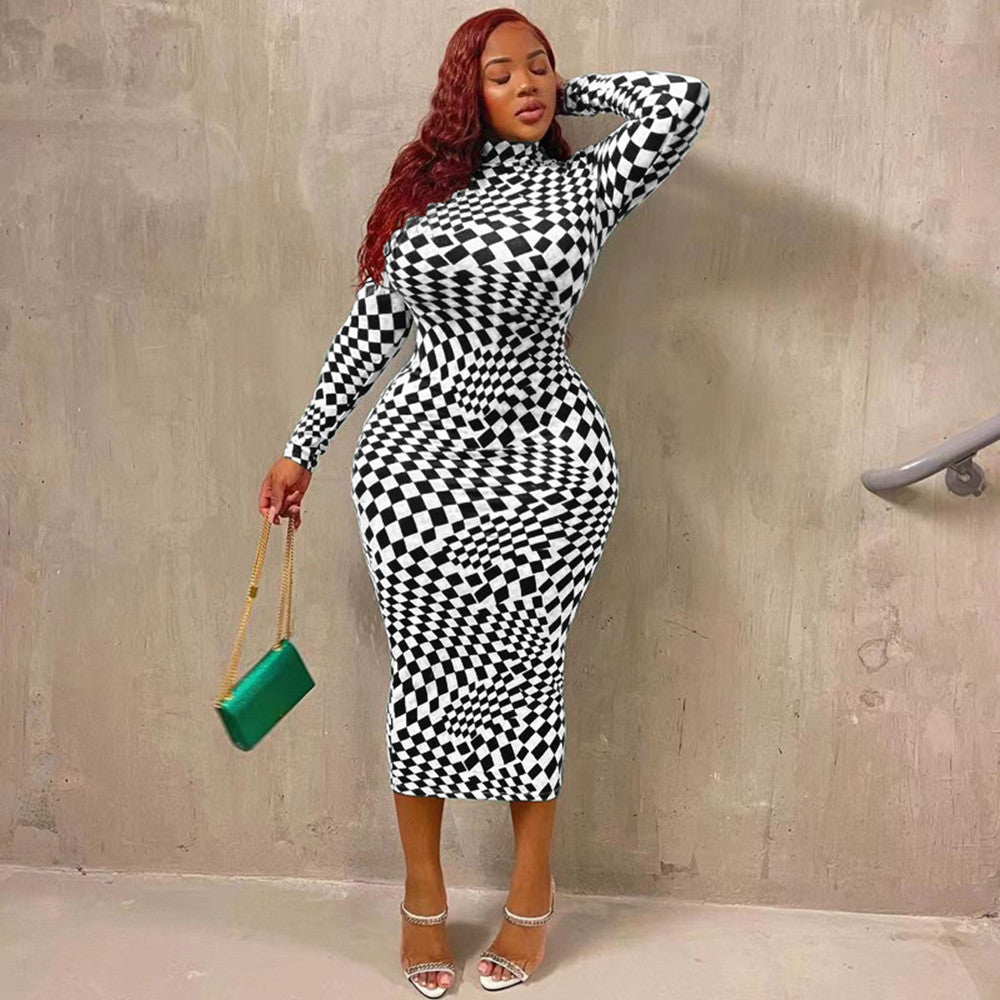 Check Print Tight Fitting Long Plus Size Dress