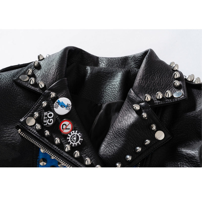 European And American Plus Size Motorcycle Leather Jacket Slim Fit English Letter Rivet Jacket
